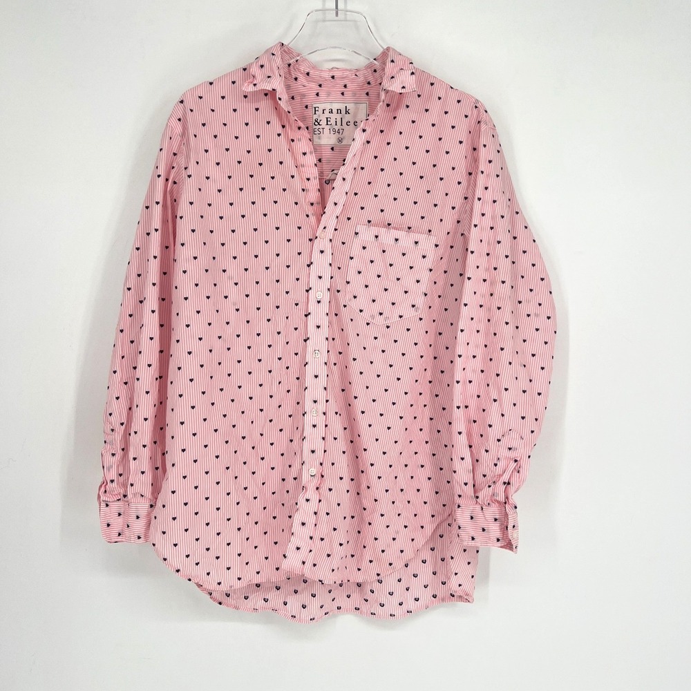 Frank & Eileen Joedy Top Womens M Pink Hearts Crinkle Boxy Preppy
